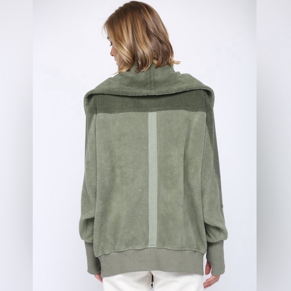 FATE Sherpa Collar Corduroy Zip Up Jacket in Olive - Picture 3 of 6